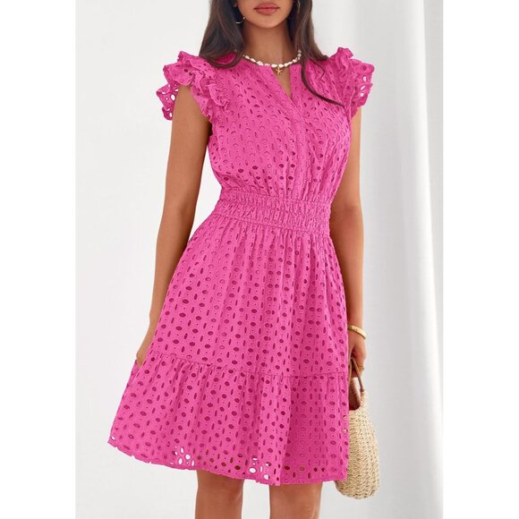 Women's Rose Red V Neck Eyelet Cap Sleeve Summer Beach Vacation Sundresseses - Picture 2 of 8